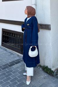Lamelif Gold Broş Detaylı Denim Kimono Koyu Mavi