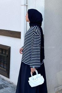 Navy Blue Crew Neck Long Arm Without Accessories Viscose Unprinted Blouse