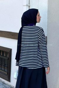 Navy Blue Crew Neck Long Arm Without Accessories Viscose Unprinted Blouse