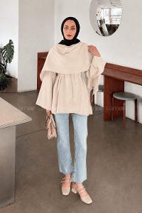 Lamelif Şallı Bağlama Detaylı Tunik Krem