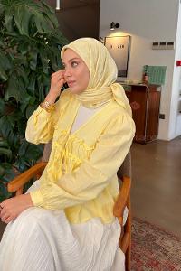 Lamelif Ağaçdalı Desen Ayrobin Floş Jakar Eşarp Sarı