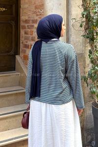 Lamelif Bisiklet Yaka Çizgili Bluz Lacivert