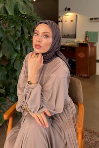 Lamelif Bloom Desen Ayrobin Floş Jakar Eşarp Antrasit