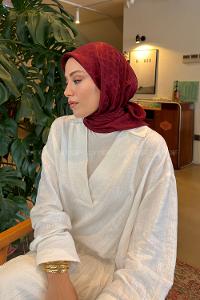 Lamelif Bloom Desen Ayrobin Floş Jakar Eşarp Bordo