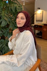 Lamelif Bloom Desen Ayrobin Floş Jakar Eşarp Koyu Bordo