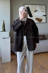 Brown Neckband Long Arm Cotton Fabric Jacket