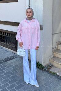Pink Shirt Collar Long Arm Viscose Fabric Shirt