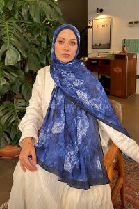 Lamelif Vintage Flower Desen Bambu Şal Gece Mavisi