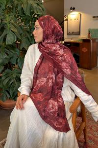Lamelif Vintage Flower Desen Bambu Şal Koyu Bordo