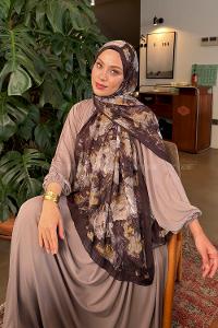 Lamelif Vintage Flower Desen Bambu Şal Koyu Kahve