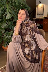 Lamelif Vintage Flower Desen Bambu Şal Koyu Kahve