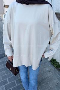 Lamelif Yırtmaç Detaylı Basic Bluz Bej