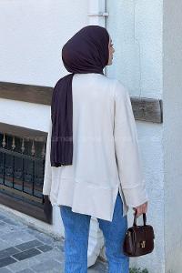 Lamelif Yırtmaç Detaylı Basic Bluz Bej