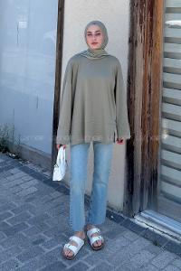 Lamelif Yırtmaç Detaylı Basic Bluz Çağla Yeşili