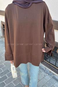 Lamelif Yırtmaç Detaylı Basic Bluz Kahverengi