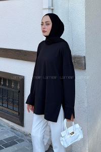 Lamelif Yırtmaç Detaylı Basic Bluz Siyah