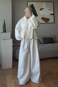 Ecru Shirt Collar Balloon Sleeve Arm Buttoned Cotton Polyester Regular Trousers Suit