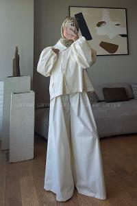 Ecru Shirt Collar Balloon Sleeve Arm Buttoned Cotton Polyester Regular Trousers Suit