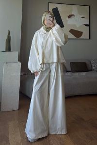 Ecru Shirt Collar Balloon Sleeve Arm Buttoned Cotton Polyester Regular Trousers Suit