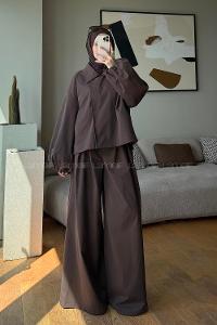 Brown Neckband Shirt Collar Balloon Sleeve Arm Buttoned Regular Trousers Pleated Suit