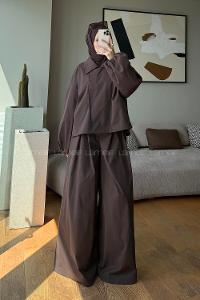 Brown Neckband Shirt Collar Balloon Sleeve Arm Buttoned Regular Trousers Pleated Suit