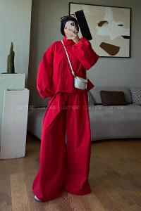 Red Shirt Collar Balloon Sleeve Arm Buttoned Cotton Polyester Regular Trousers Suit