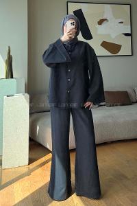 Black Shirt Collar Long Arm Buttoned Polyester Naylon Regular Trousers Suit