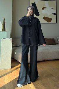 Black Shirt Collar Long Arm Buttoned Polyester Naylon Regular Trousers Suit