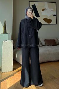 Black Shirt Collar Long Arm Buttoned Polyester Naylon Regular Trousers Suit