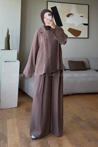 Brown Shirt Collar Long Arm Buttoned Polyester Regular Trousers Suit