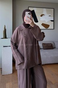 Brown Shirt Collar Long Arm Buttoned Polyester Regular Trousers Suit