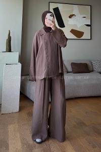 Brown Shirt Collar Long Arm Buttoned Polyester Regular Trousers Suit