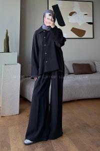 Black Shirt Collar Long Arm Buttoned Polyester Regular Trousers Suit
