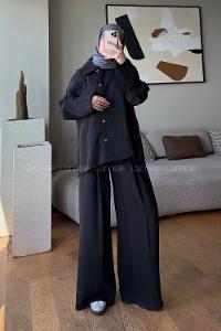 Black Shirt Collar Long Arm Buttoned Polyester Regular Trousers Suit