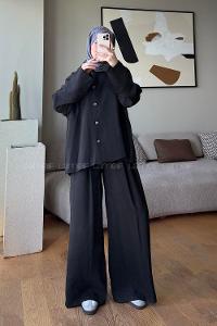 Black Shirt Collar Long Arm Buttoned Polyester Regular Trousers Suit