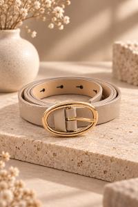 Lamelif Kadın Özel Silver Oval Tokalı Siyah Suni Deri Kadın Kemer Bej
