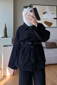 Black Shirt Collar Long Arm Buttoned Cotton Regular Trousers Suit