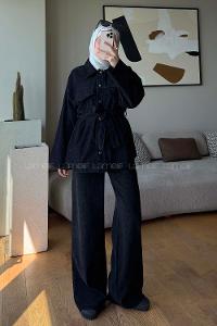 Black Shirt Collar Long Arm Buttoned Cotton Regular Trousers Suit