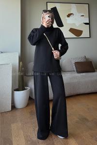 Black Neckband Long Arm Regular Trousers Suit