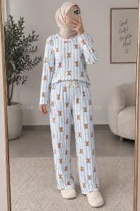 Lamelif Ayıcık Desenli Kaşkorse Pijama Takımı