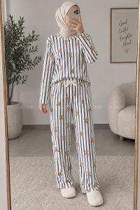 Lamelif Ayıcık Desenli Kaşkorse Pijama Takımı