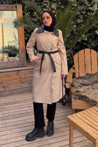 Lamelif Deri Detaylı Trençkot Taş Rengi
