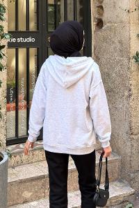 Lamelif Kapüşonlu Cep Detaylı Sweatshirt Hırka Fermuarlı Gri