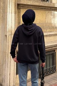 Lamelif Kapüşonlu Cep Detaylı Sweatshirt Hırka Fermuarlı Lacivert