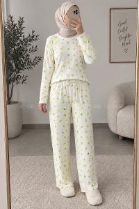 Lamelif Limon Desenli Kaşkorse Pijama Takımı