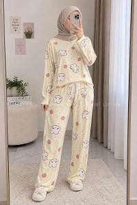 Lamelif Şeftali Ayıcık Detaylı Pijama Takımı