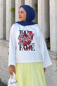 Lamelif Basic Oversize Cherry Sweet Baskılı Bluz Beyaz