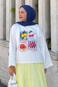 Lamelif Basic Oversize Dolce Vita Meyve Baskılı Bluz Beyaz