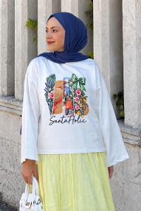 Lamelif Basic Oversize Yaz Esintisi Baskılı Bluz Beyaz