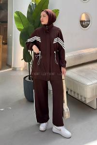 Brown Neckband Long Arm Belted Viscose Fabric Lycra Regular Trousers Suit